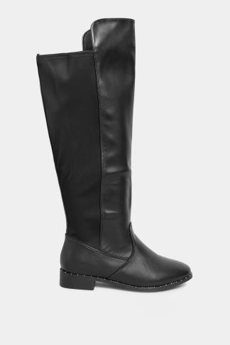 Black Studded Knee High Boots In Wide E Fit & Extra Wide EEE Fit ...
