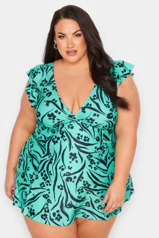 YOURS Plus Size Curve Turquoise Green Animal Print Tummy Control Swim Dress