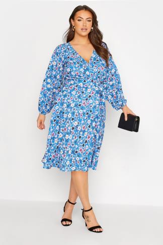 YOURS LONDON Plus Size Blue Floral Print Wrap Dress | Yours Clothing