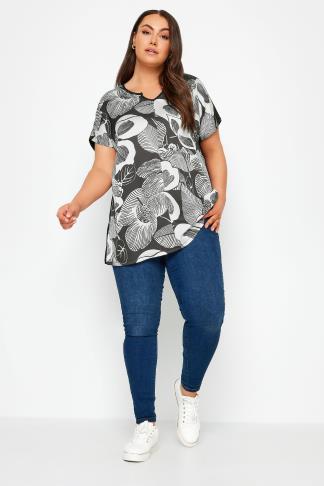 YOURS Plus Size Black Leaf Print T-Shirt | Yours Clothing