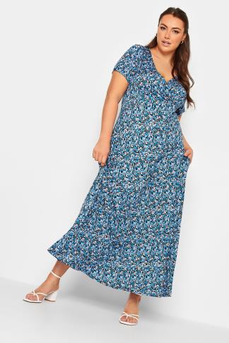 YOURS Plus Size Blue Ditsy Floral Wrap Maxi Dress | Yours Clothing