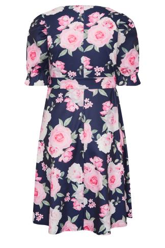YOURS LONDON Curve Navy Blue Floral Print Puff Sleeve Dress | Yours ...