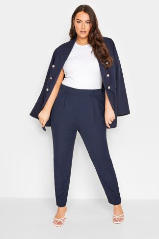 YOURS Plus Size Navy Blue Double Belted Tapered Trousers | Yours Clothing