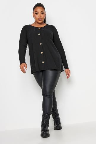 LIMITED COLLECTION Plus Size Black Ribbed Button Detail Long Sleeve Top ...