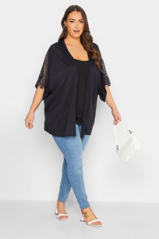 YOURS Plus Size Navy Blue Crochet Sleeve Kimono | Yours Clothing