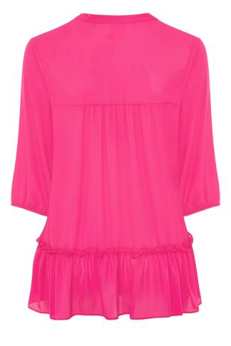 Plus Size Hot Pink Tie Neck Ruffle Hem Tunic Top | Yours Clothing