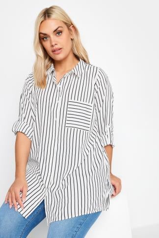 YOURS Curve Plus Size White & Black Stripe Print Boyfriend Shirt ...