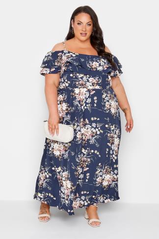 Plus Size YOURS LONDON Curve Navy Blue Floral Ruffle Bardot Maxi Dress ...