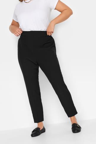 Plus Size Black Elasticated Tapered Stretch Trousers | Yours Clothing