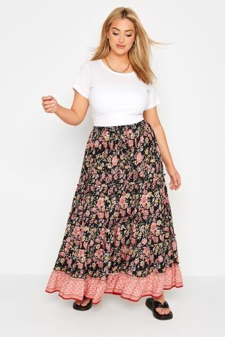 Plus Size Black Floral Tiered Gypsy Maxi Skirt | Yours Clothing
