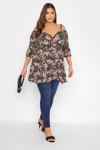 Plus Size Black Floral Print Cold Shoulder Top | Yours Clothing