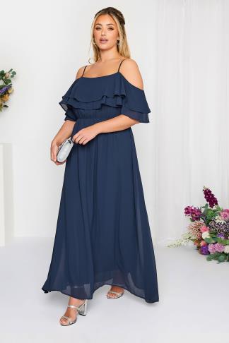 YOURS LONDON Plus Size Navy Blue Bardot Ruffle Maxi Dress | Yours Clothing