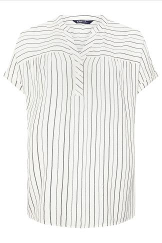 Plus Size Striped Johnny Collar Short Sleeve Blouse