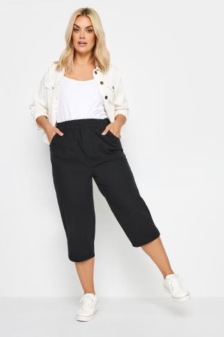 YOURS Plus Size Black Elasticated Cool Cotton Cropped Trousers | Yours ...