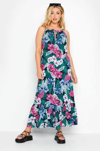 YOURS Curve Plus Size BlackTropical Print Maxi Beach Dress | Yours Clothing