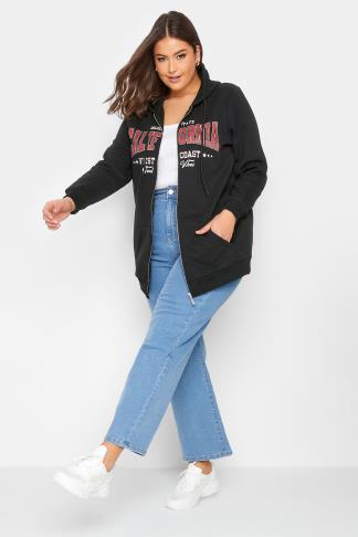 YOURS Curve Plus Size Black 'California' Slogan Zip Up Hoodie | Yours ...