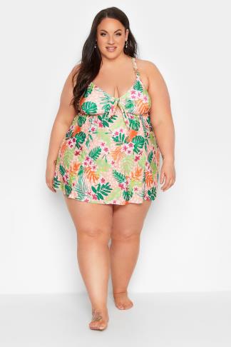 YOURS Curve Plus Size Pink Tropical Print Hanky Hem Swimdress