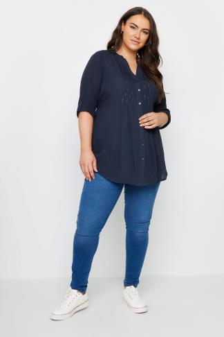 YOURS Plus Size Navy Blue Pintuck Embellished Shirt | Yours Clothing