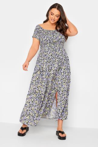 Plus Size Black & Purple Floral Shirred Bardot Maxi Dress | Yours Clothing