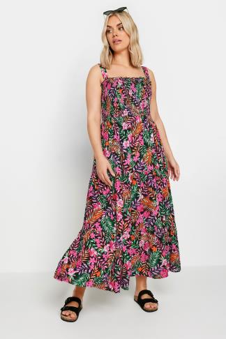 YOURS Plus Size Pink Tropical Print Tiered Maxi Dress | Yours Clothing