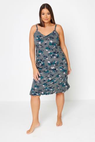 YOURS Plus Size Grey Floral Print Chemise Nightdress | Yours Clothing