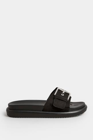 Black Buckle Strap Mule Sandals In Wide E Fit & Extra Wide EEE Fit ...