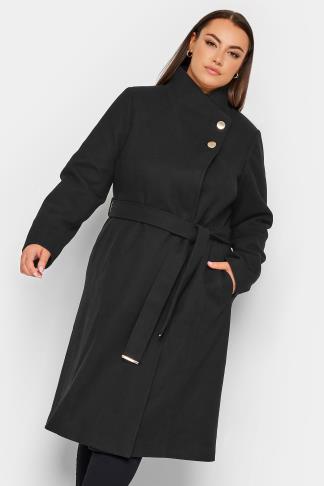 YOURS Curve Plus Size Black Belted Military Coat | Yours Clothing