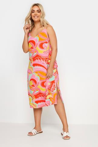 YOURS Plus Size Pink Retro Tropical Print Beach Dress | Yours Clothing