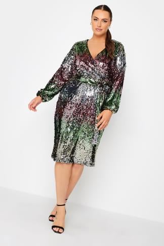 YOURS LONDON Plus Size Purple Ombre Sequin Wrap Dress | Yours Clothing