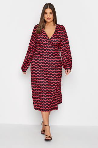LTS Tall Red & Black Heart Print Midi Wrap Dress | Long Tall Sally