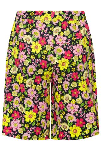 YOURS Plus Size Black & Yellow Floral Print Pull On Shorts | Yours Clothing