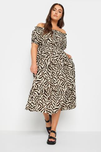 YOURS Plus Size Beige Brown Animal Print Bardot Midi Dress | Yours Clothing