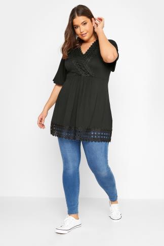 YOURS Plus Size Black Crochet Trim Peplum Tunic Top | Yours Clothing