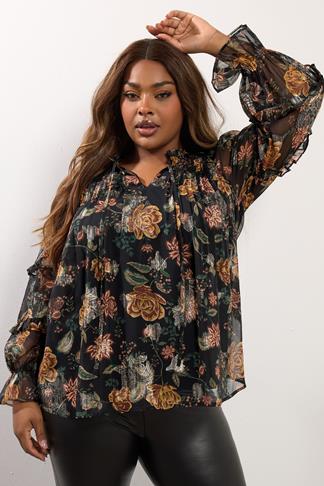 3020459 Black Tie Waist Floral Blouse
