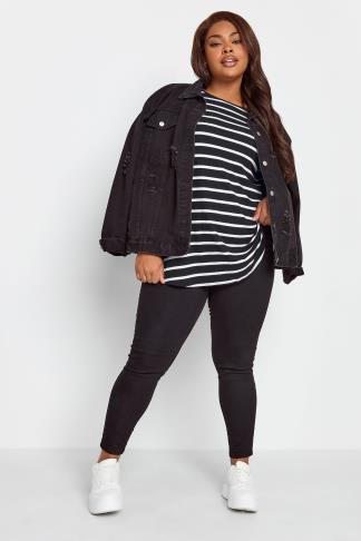 YOURS Plus Size Black Stripe Print Ribbed Swing Top | Yours Clothing
