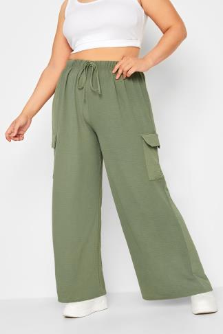 YOURS Plus Size Khaki Green Wide Leg Crepe Cargo Trousers | Yours Clothing