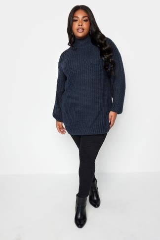 YOURS Curve Navy Blue Funnel Neck Oversized Knitted Jumper | Yours Clothing