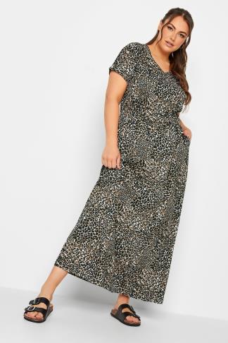 YOURS Curve Brown Leopard Print Maxi T-Shirt Dress | Yours Clothing