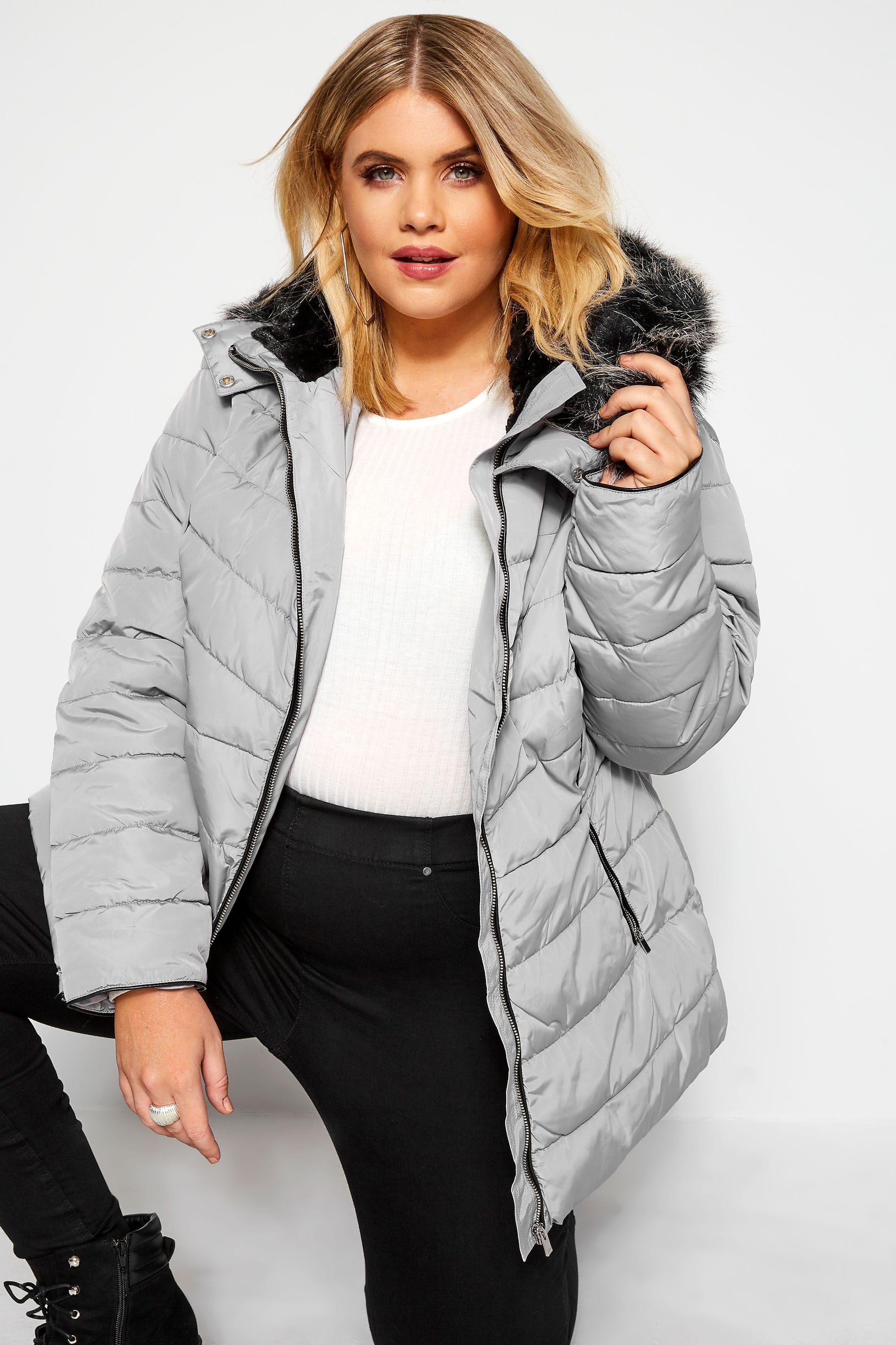 Light Grey Hooded Panel Puffer Coat | Sizes 16-40 | Yours Clothing