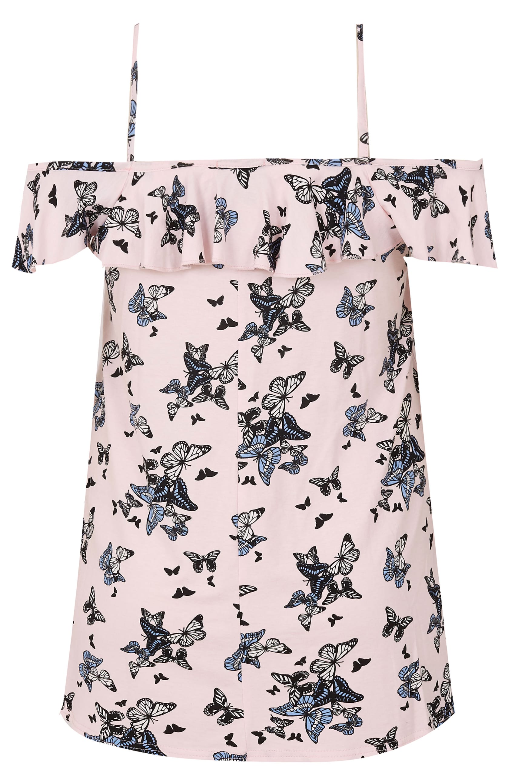 Light Pink Butterfly Print Frill Cold Shoulder Top Plus Size 16 To 36