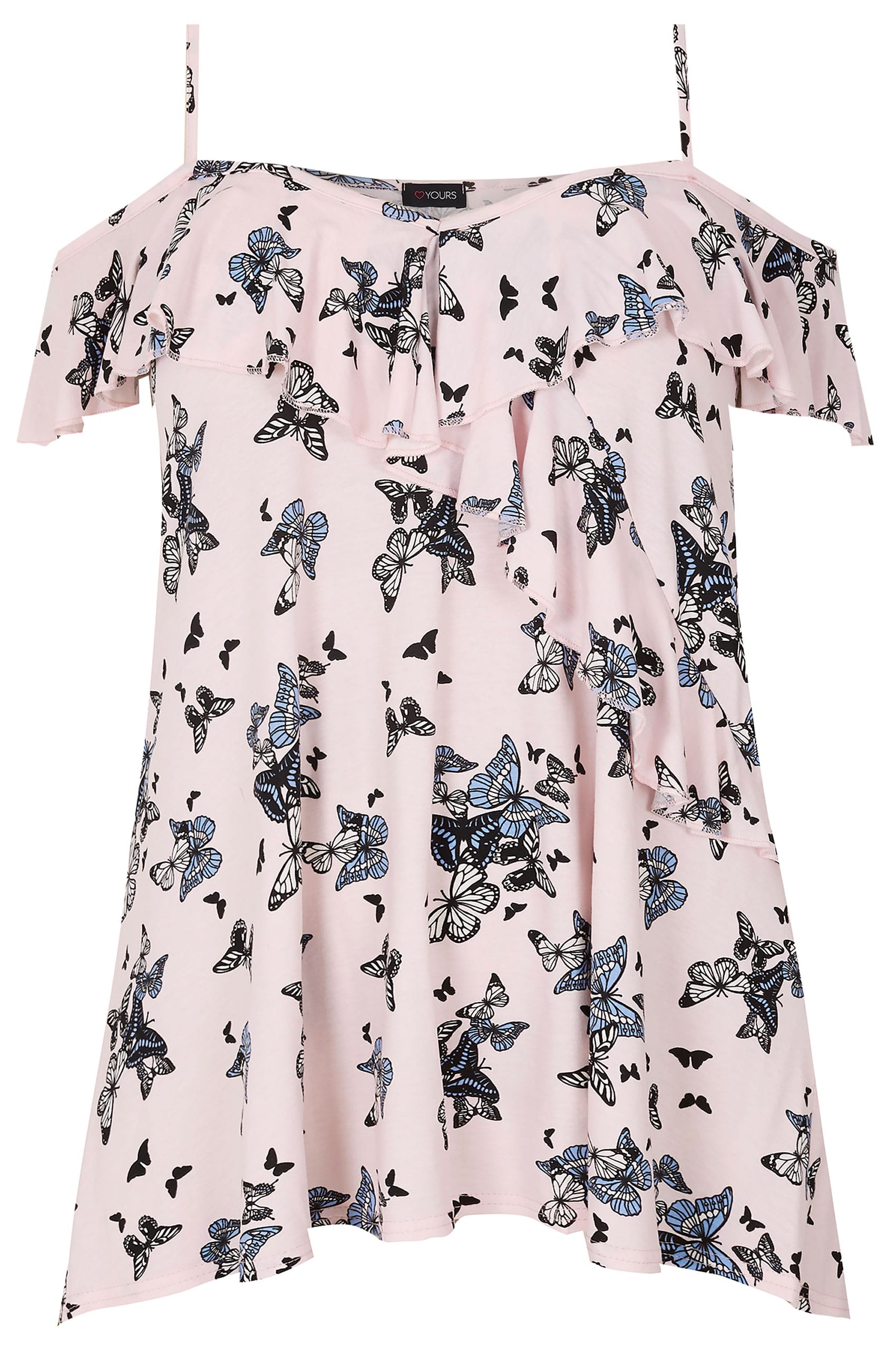 Light Pink Butterfly Print Frill Cold Shoulder Top Plus Size 16 To 36 