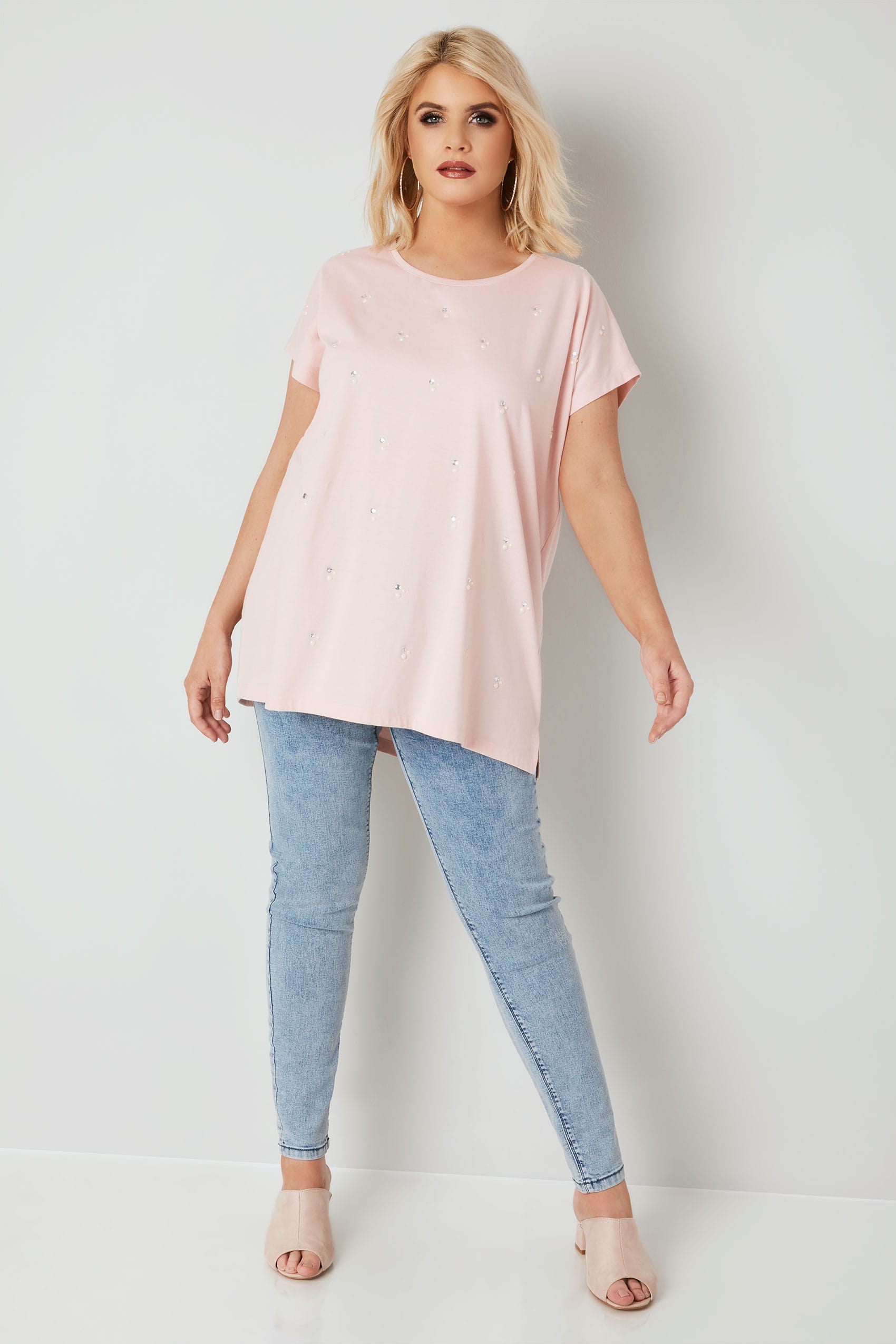 Light Pink Pearlescent & Diamante Embellished T-Shirt, plus size 16 to 36