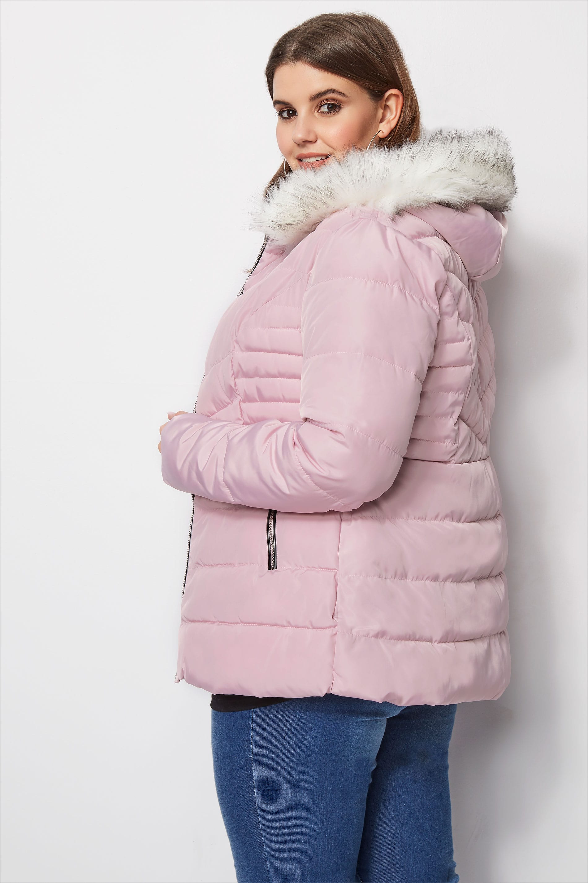 Light Pink Puffer Coat With Faux Fur Trim Hood Plus Size 16 To 36 Yours Clothing