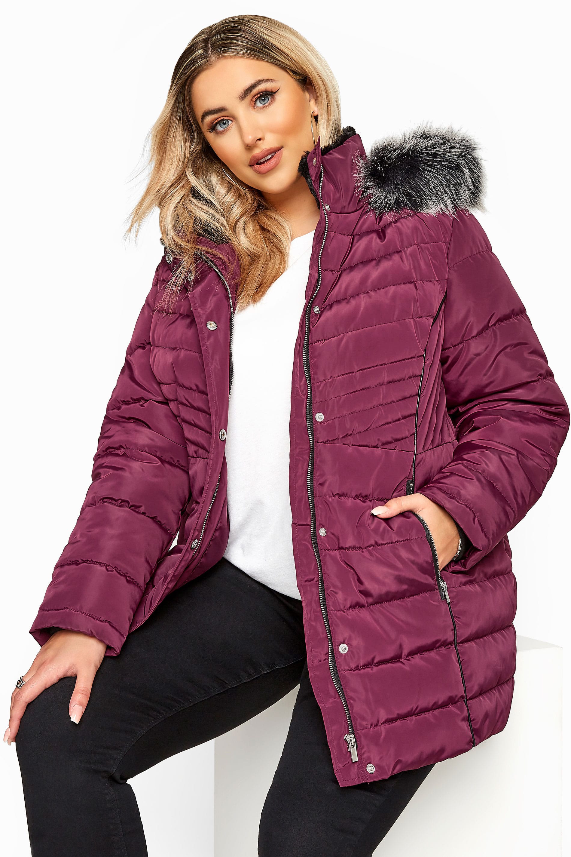 Berry Panelled Puffer Coat Yours Clothing 3463