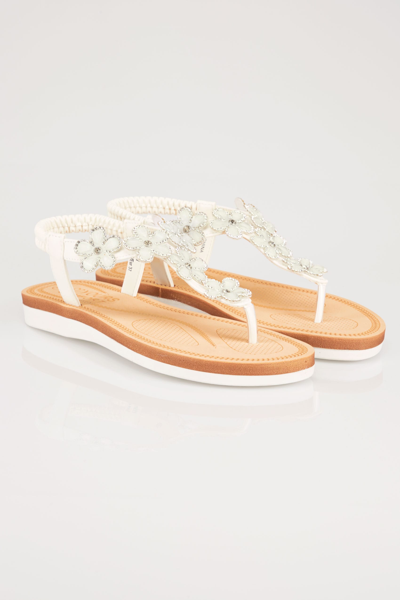White Open Toe Sandals With Embellished Floral Straps In TRUE EEE Fit