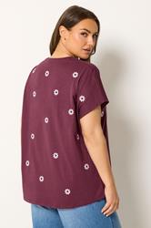 YOURS Plus Size Burgundy Red Embroidered Daisy T-Shirt | yours Clothing 2