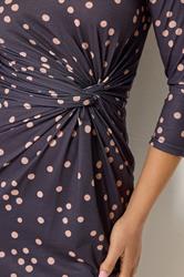PixieGirl Petite Women's Navy Blue Polka Dot Twist Front Midi Dress | PixieGirl 5