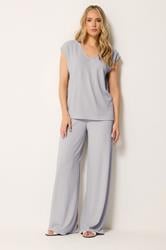 LTS Tall Women's Light Grey Textured Elasticated Wide Leg Trousers | Long Tall Sally 3