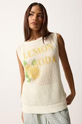 PixieGirl Petite Women's Ivory White Lemon Graphic Crochet Vest Top | PixieGirl 1