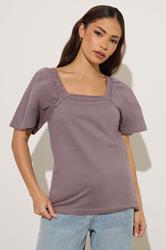 PixieGirl Petite Women's Light Purple Crochet Trim Flutter Sleeve Cotton T-Shirt | PixieGirl 3